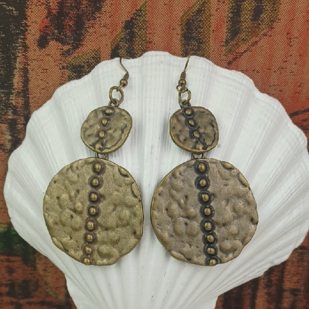 Handcrafted Double Drop Hammered Brass Concho Earrings
